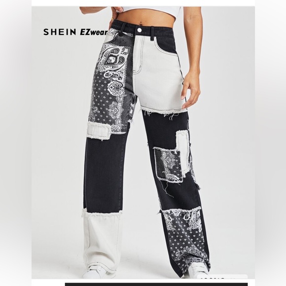 SHEIN EZwear Paisley Print Patchwork Boyfriend Jeans-worn‎ a bit-still great ! - Picture 1 of 6